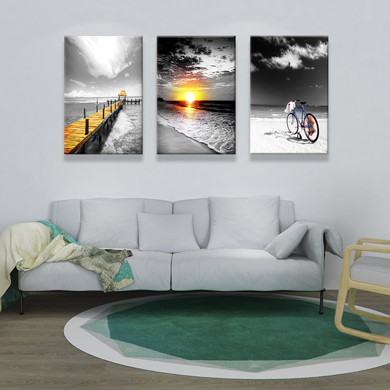 Tropix Beach Seascape Wall Art Set Grey and Yellow Textured Canvas for House Interior