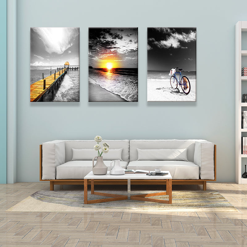 Tropix Beach Seascape Wall Art Set Grey and Yellow Textured Canvas for House Interior