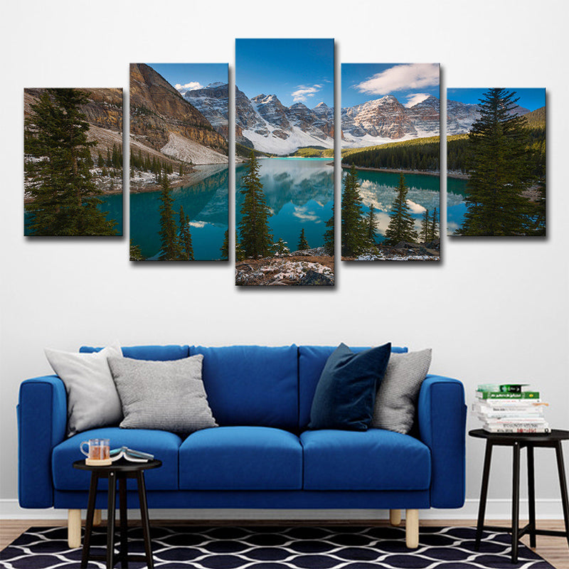 Modern Nature Landscape Wall Art Blue-Green Mountain and Lake Scenery Canvas Print
