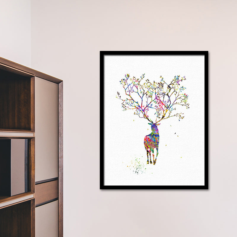 Watercolor Deer Painting Canvas Print Kids Textured Wall Art Decor in Purple on White
