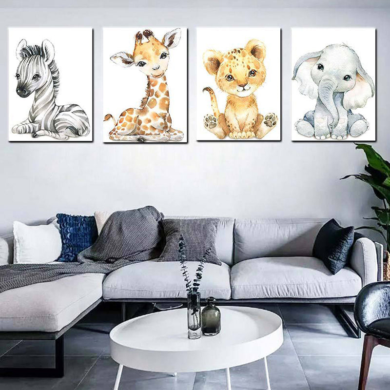 Cute Cartoon Animal Painting Canvas Wall Art for Baby Room, White, Textured Surface