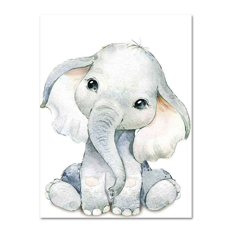 Cute Cartoon Animal Painting Canvas Wall Art for Baby Room, White, Textured Surface