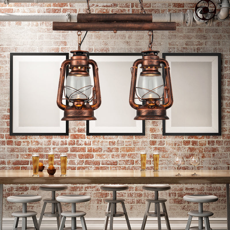 Bronze/Copper Lantern Island Light Fixture Coastal Clear Glass 2-Bulb Kitchen Hanging Lamp