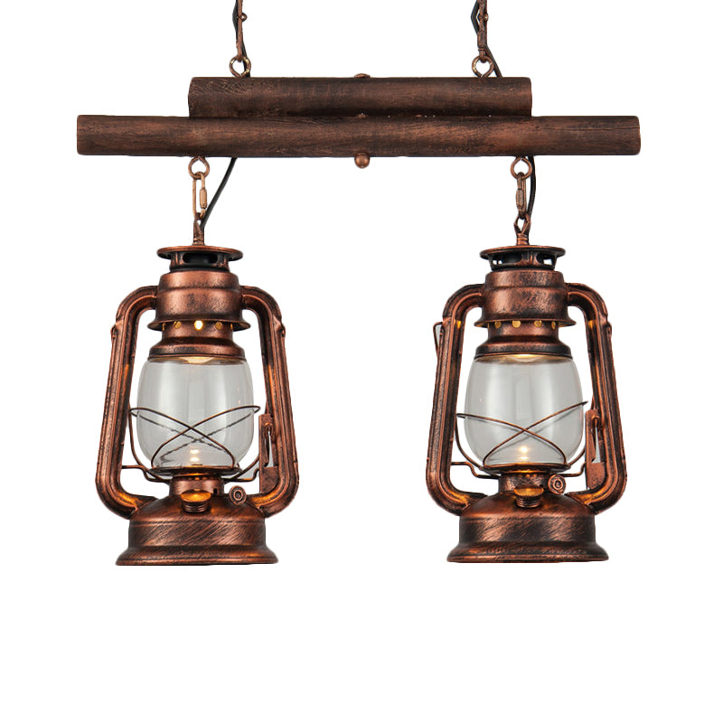 Bronze/Copper Lantern Island Light Fixture Coastal Clear Glass 2-Bulb Kitchen Hanging Lamp