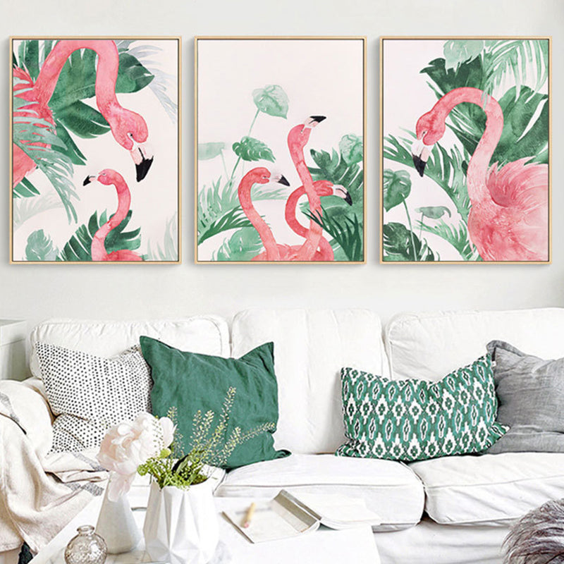 Pink-Green Kids Wall Art Flamingo and Leaves Print Canvas for Sitting Room, Textured