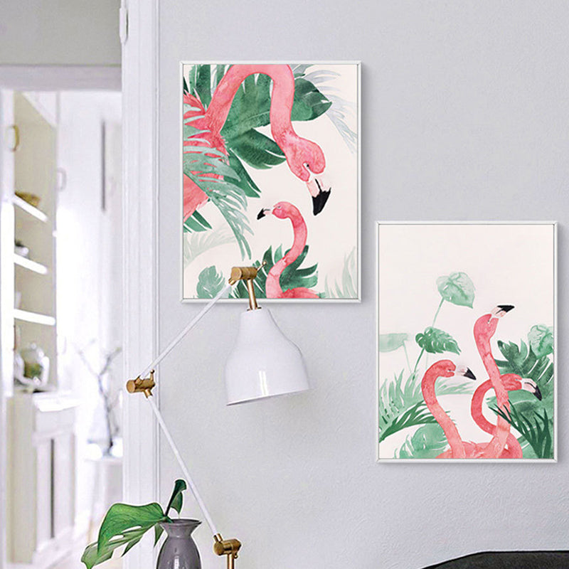 Pink-Green Kids Wall Art Flamingo and Leaves Print Canvas for Sitting Room, Textured