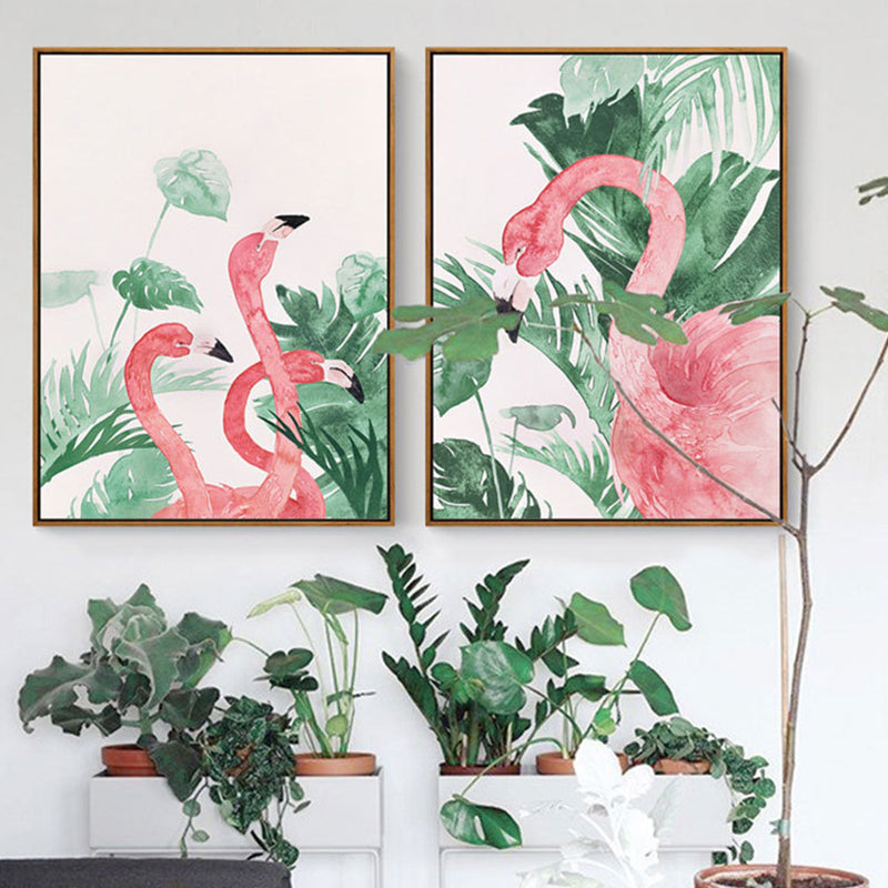 Pink-Green Kids Wall Art Flamingo and Leaves Print Canvas for Sitting Room, Textured