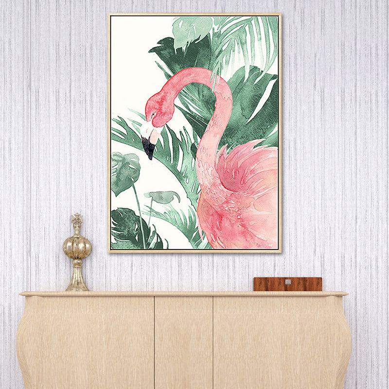 Pink-Green Kids Wall Art Flamingo and Leaves Print Canvas for Sitting Room, Textured