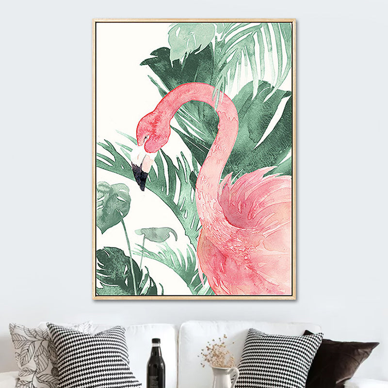 Pink-Green Kids Wall Art Flamingo and Leaves Print Canvas for Sitting Room, Textured