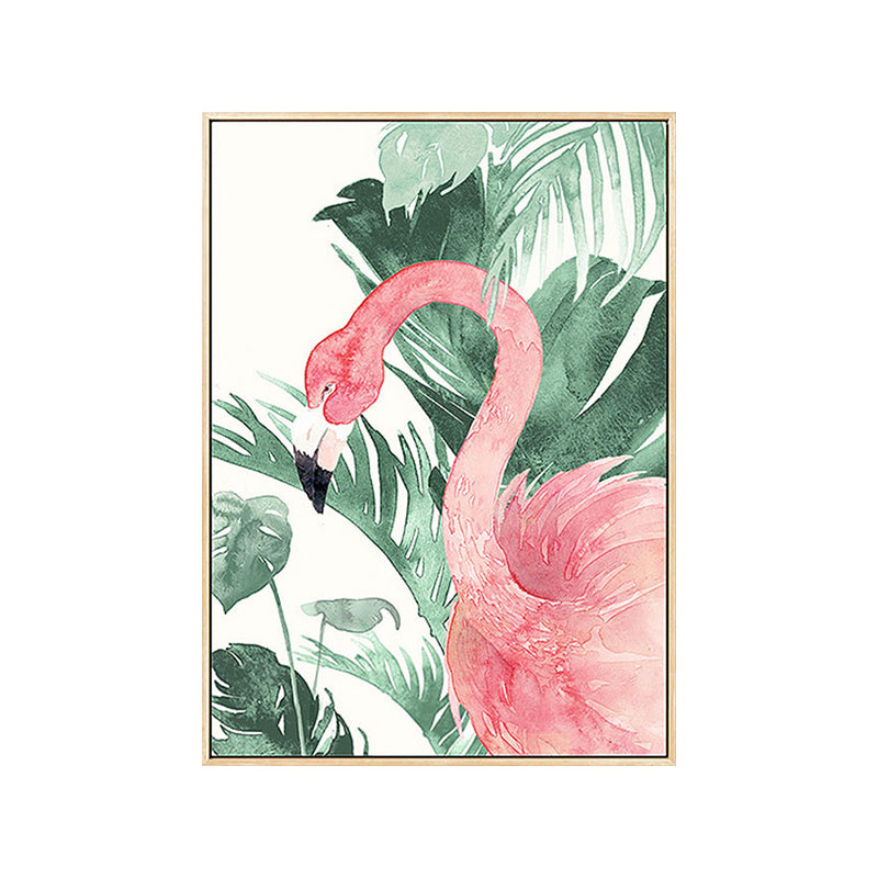 Pink-Green Kids Wall Art Flamingo and Leaves Print Canvas for Sitting Room, Textured