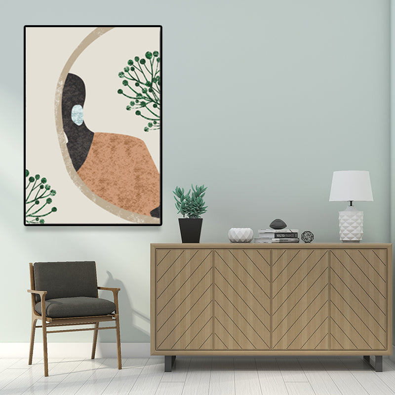 Model and Leaf Wall Art Nordic Textured Canvas Print in Pastel Color for Living Room