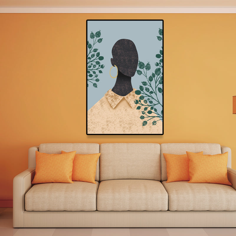 Model and Leaf Wall Art Nordic Textured Canvas Print in Pastel Color for Living Room