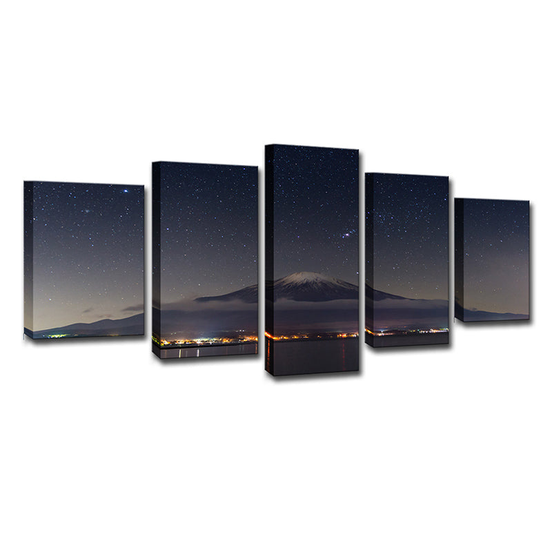 Mount Fuji Starry Night Wall Decor in Black Canvas Made Wall Art for Room, Multi-Piece