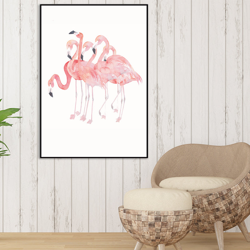 Trendy Flamingo Painting Wall Art for Living Room Animal Print Canvas in Pink-White