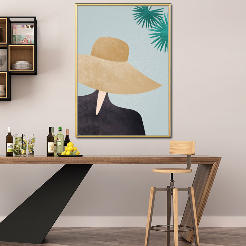 Yellow Nordic Style Canvas Art Woman Wearing Floppy Hat Wall Decor for Girls Bedroom