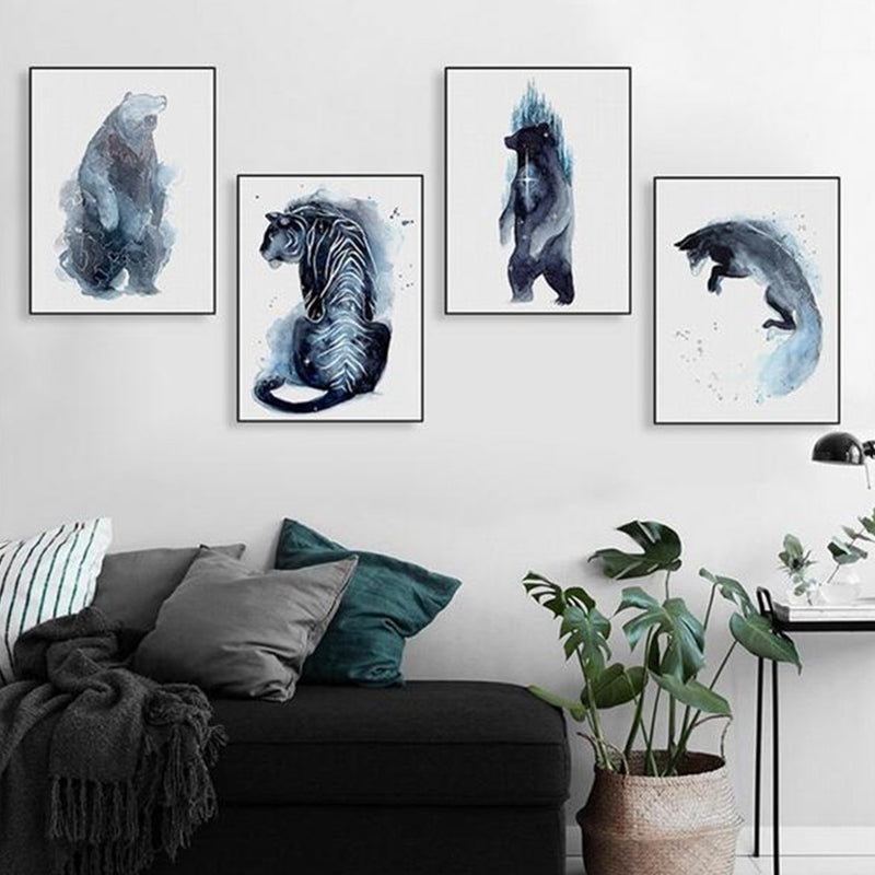 Kinder-Wildtier-Aquarell-Leinwandkunst, dunkelblaue strukturierte Wanddekoration für das Wohnzimmer