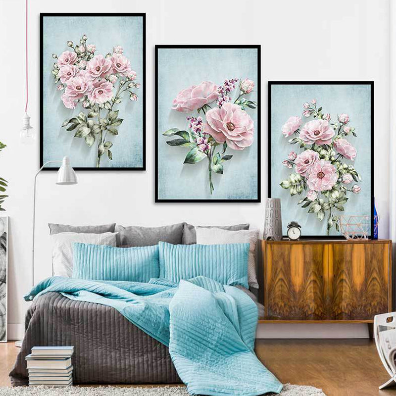 Blossoming Flower Wall Decor Rustic Beautiful Bouquet Canvas Art in Green and Pink