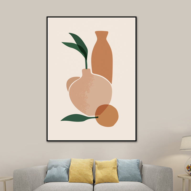 Illustration Still Life Pot Canvas Art for Living Room, Orange and White, Textured