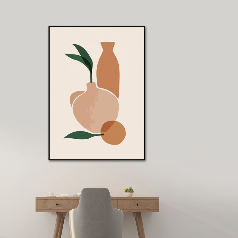Illustration Still Life Pot Canvas Art for Living Room, Orange and White, Textured