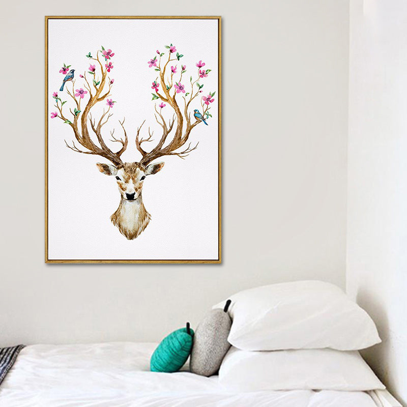 Elk with Flower Antler Art Print Trendy Canvas Wall Decor in Brown for Dorm Room
