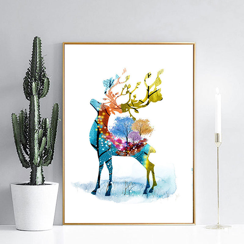 Deer and Tree Watercolor Canvas Print Textured Kids Style Bedroom Wall Art