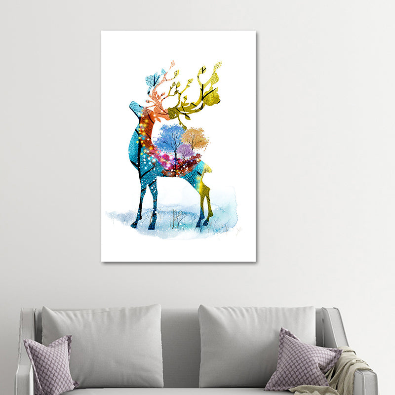 Deer and Tree Watercolor Canvas Print Textured Kids Style Bedroom Wall Art