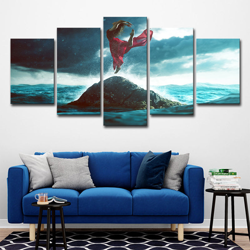 Blue and Red Tropix Canvas Art Woman Dancing on the Rock in Ocean Wall Decor for Home