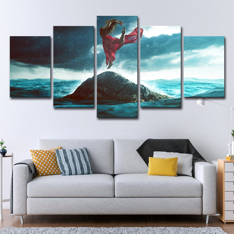 Blue and Red Tropix Canvas Art Woman Dancing on the Rock in Ocean Wall Decor for Home