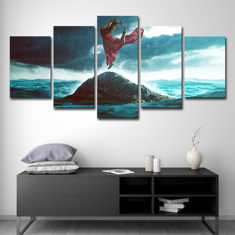 Blue and Red Tropix Canvas Art Woman Dancing on the Rock in Ocean Wall Decor for Home