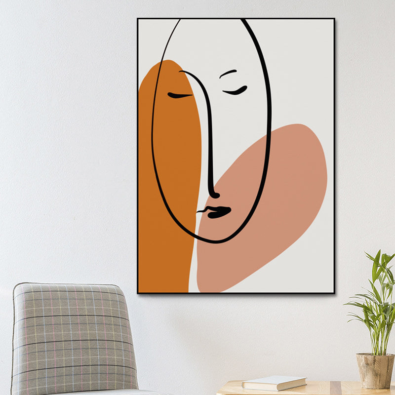 Charcoal Drawings Scandinavian Style Art Girl's Sleeping Face Portraiture in Orange