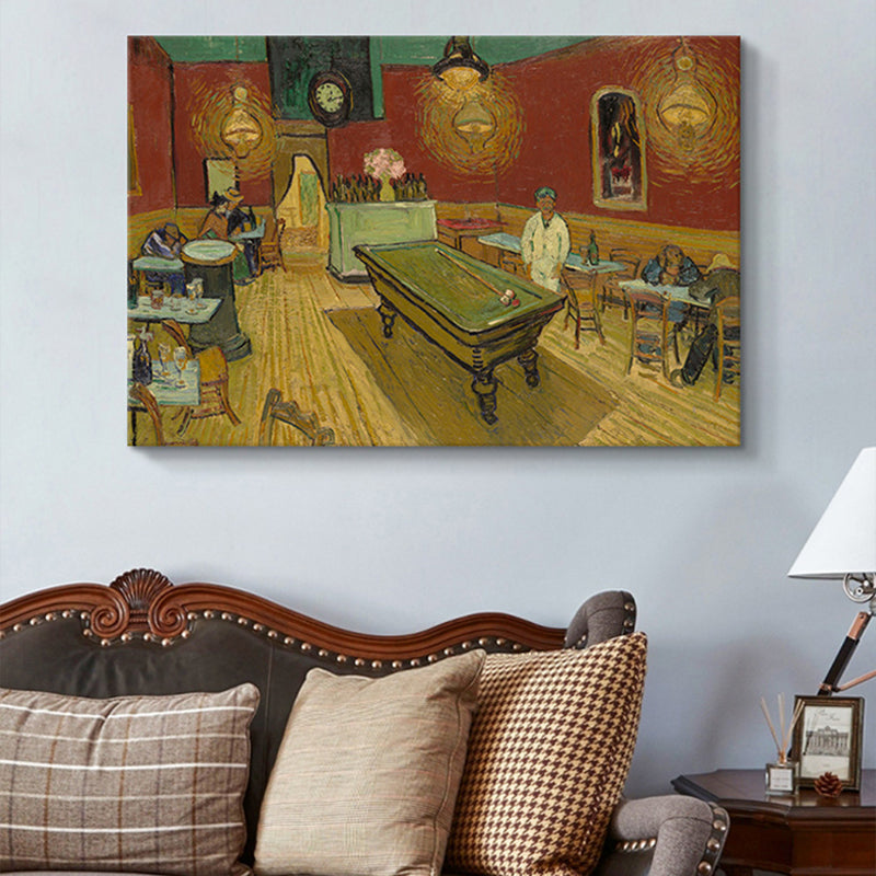 Night Cafe Interior Painting Canvas Print Country Style Textured Wall Art in Yellow