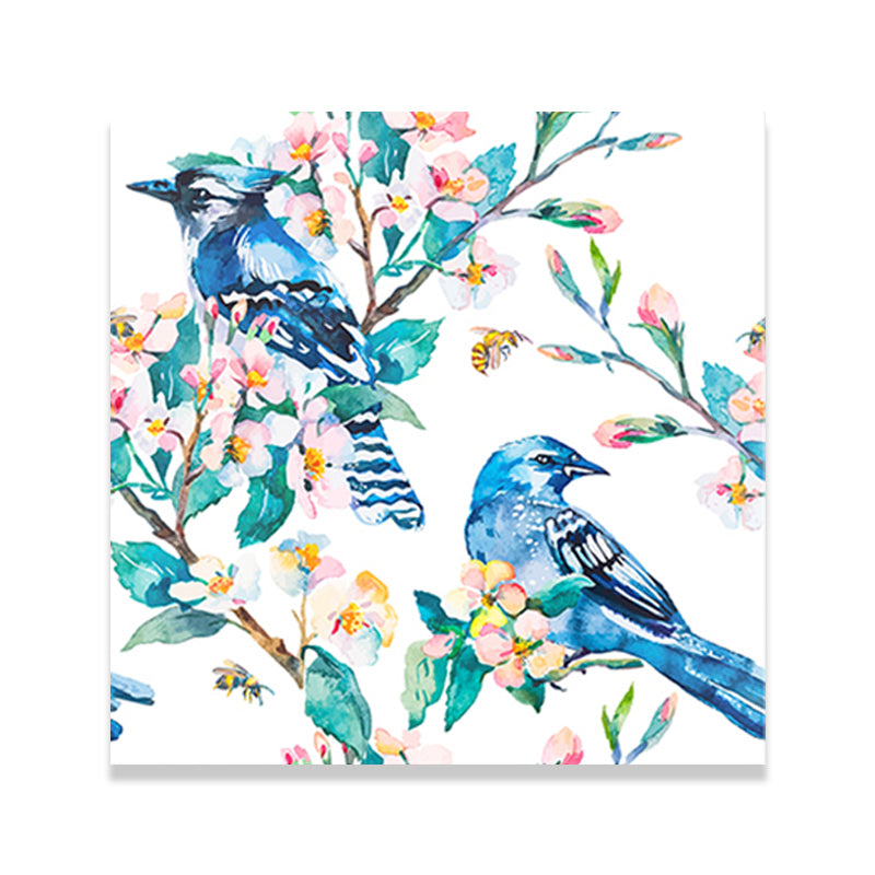 Bright Color Childrens Art Painting Bird and Flower Branch Canvas Print for Dining Room