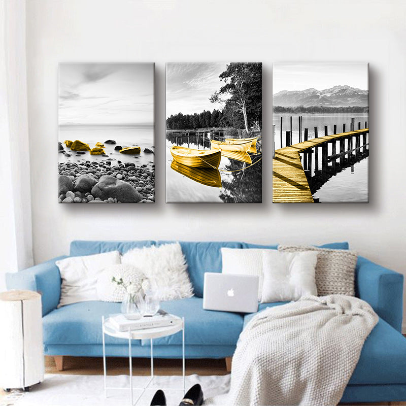 Shore Landscape Wall Art Decor in Gold Tropix Canvas Print for Living Room, Set of 3