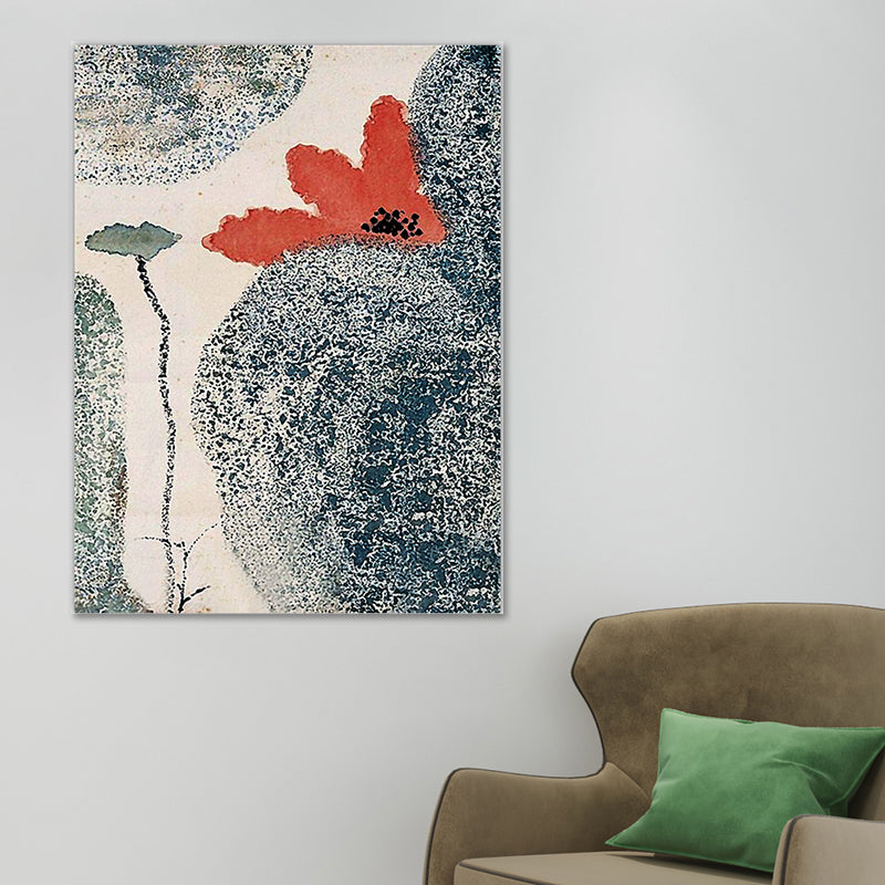 Grey and Red Flower Canvas Textured Surface Traditional Sitting Room Wall Art Print