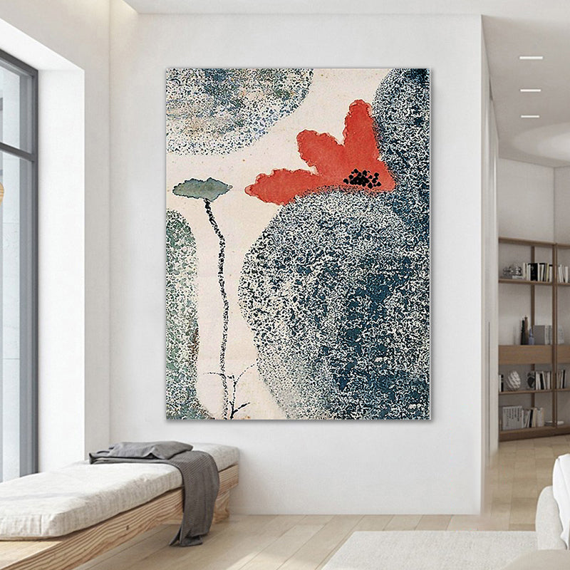 Grey and Red Flower Canvas Textured Surface Traditional Sitting Room Wall Art Print