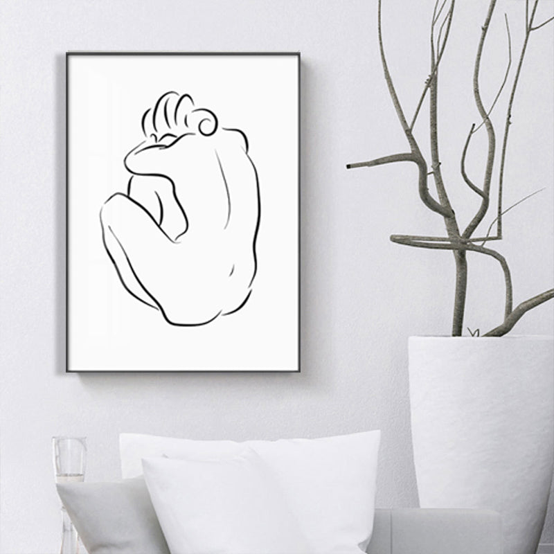 Pencil Seated Figure Pattern Painting Scandinavian Canvas Textured Wall Art in White