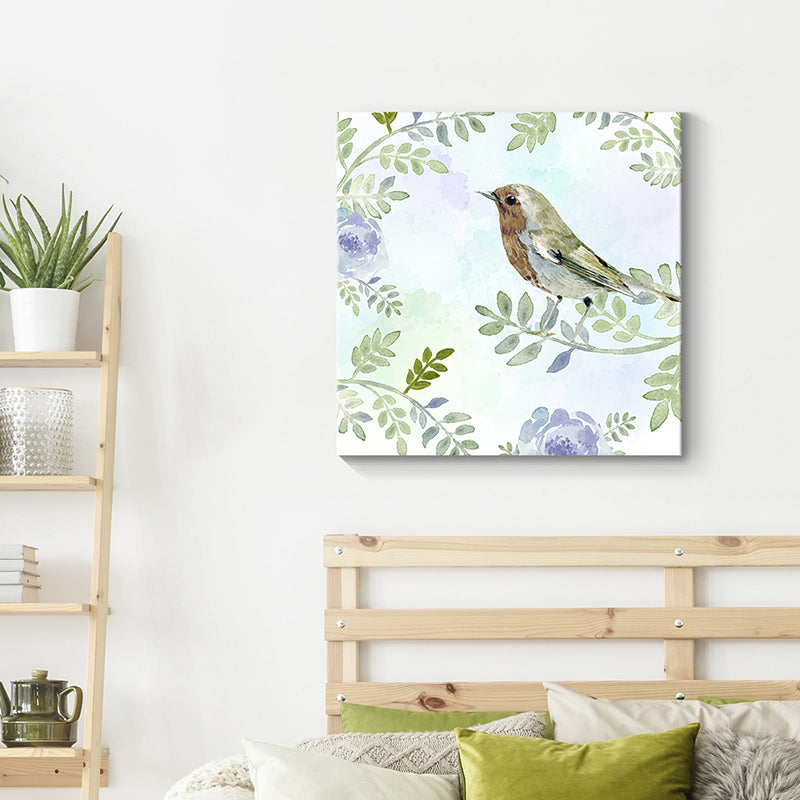 Bird with Blossoming Flower Art Print Pastel Color Kids Style Wall Decor for Family Room