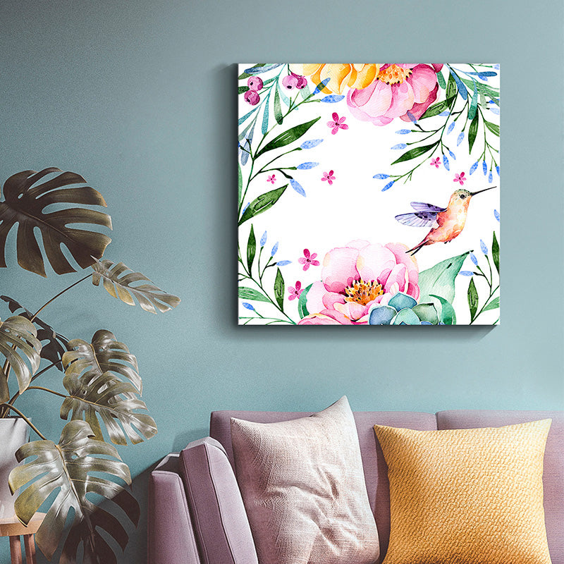 Bird with Blossoming Flower Art Print Pastel Color Kids Style Wall Decor for Family Room