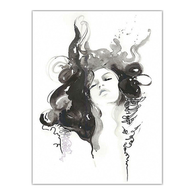Black Curly Girl Canvas Art Figure Painting Minimalist Textured Wall Decor for Home