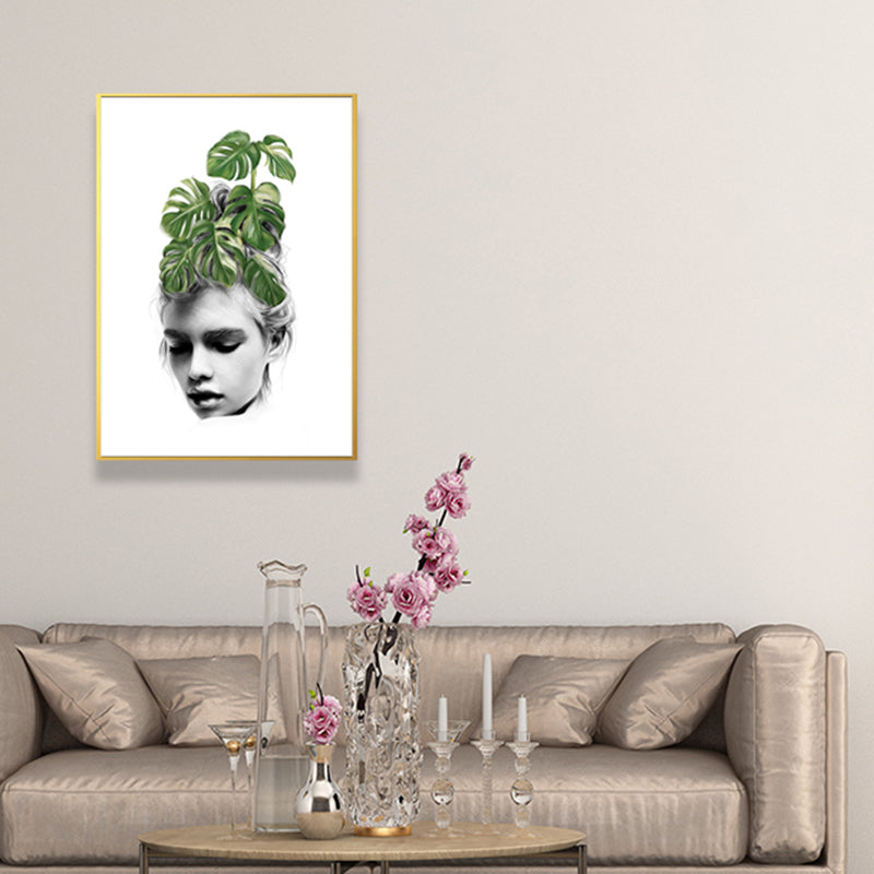 Girl's Portraiture and Leaf Art Textured Glam Style for Girls Bedroom Wall Decor