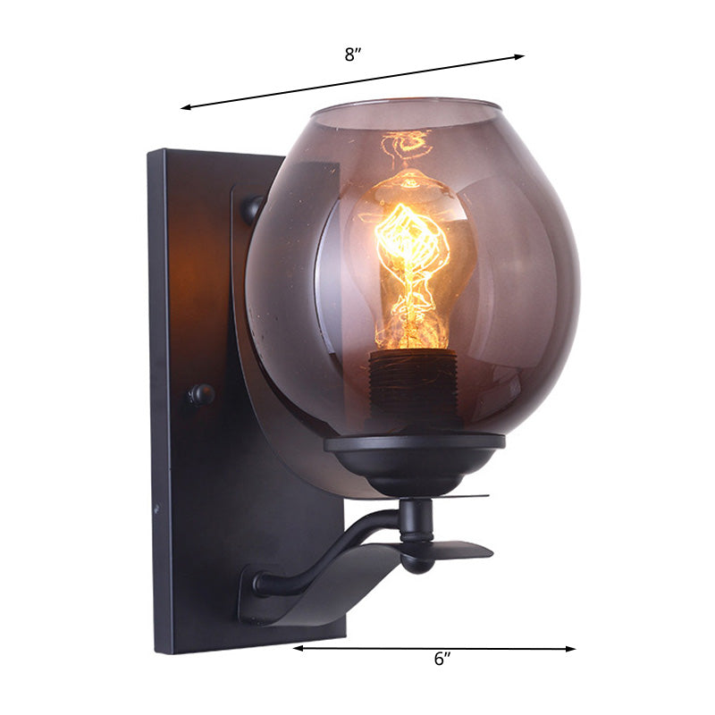 One Light Wall Sconce Lighting with Orb Shade Grey Glass Industrial Coffee Shop Light Fixture in Black