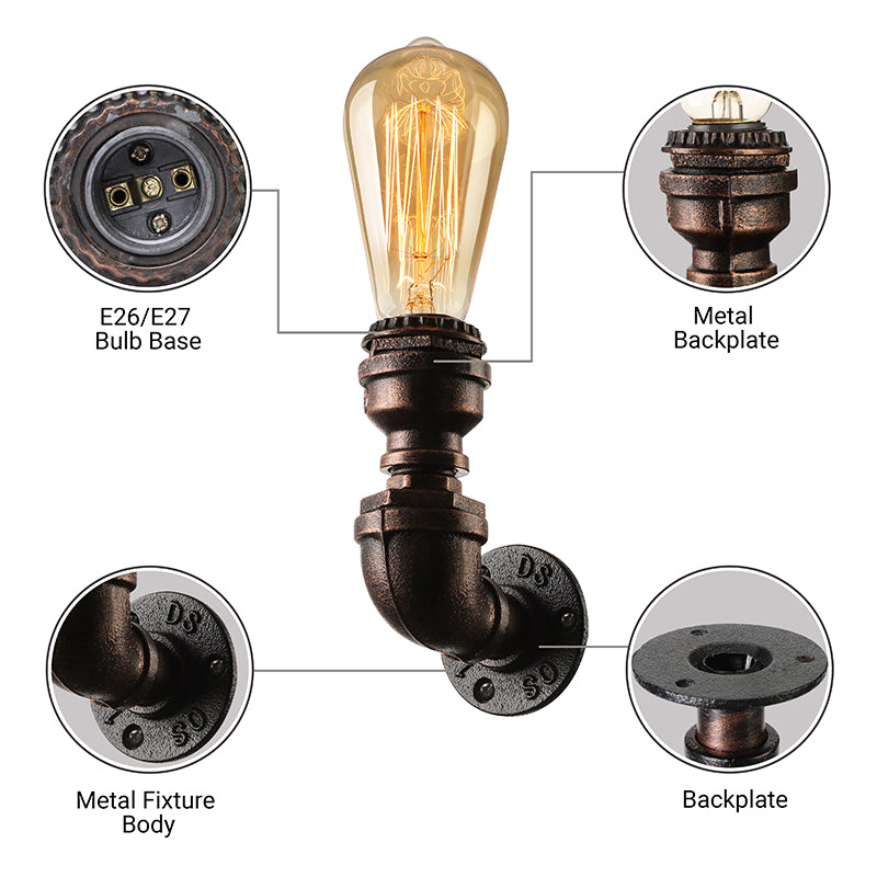 Water Pipe Metallic Wall Lighting with Bare Bulb Industrial 1 Light Living Room Mini Wall Mount Light in Black/Copper