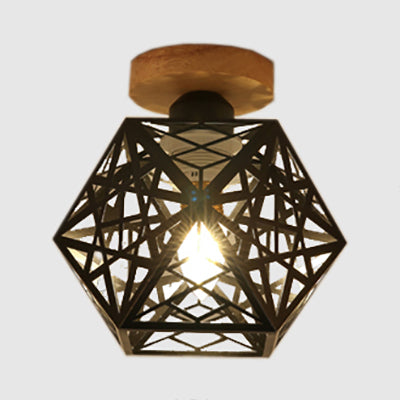 1 Bulb Metallic Semi Flush Mount Light Loft Style Black/White Pentagon Cage Living Room Ceiling Mounted Fixture