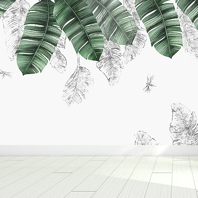 Tropical Banana Leaves Mural Soft Color Living Room Wall Art, Custom Size Available