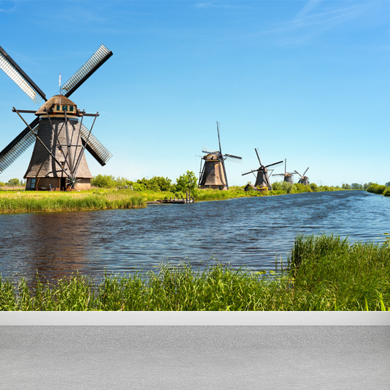 Full Size Photography Modern Mural Wallpaper with Windmill and Grassland in Green
