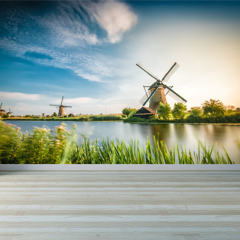 Full Size Photography Modern Mural Wallpaper with Windmill and Grassland in Green