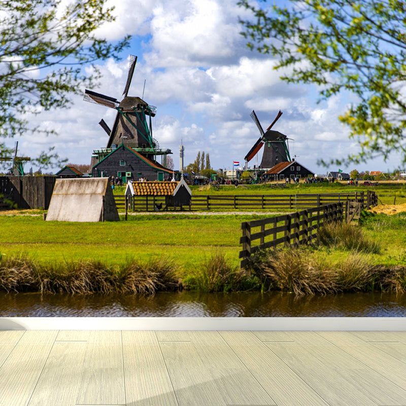 Full Size Photography Modern Mural Wallpaper with Windmill and Grassland in Green