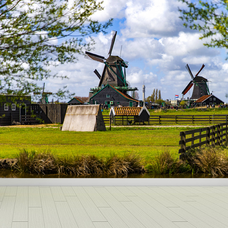 Full Size Photography Modern Mural Wallpaper with Windmill and Grassland in Green