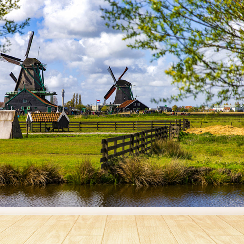 Full Size Photography Modern Mural Wallpaper with Windmill and Grassland in Green