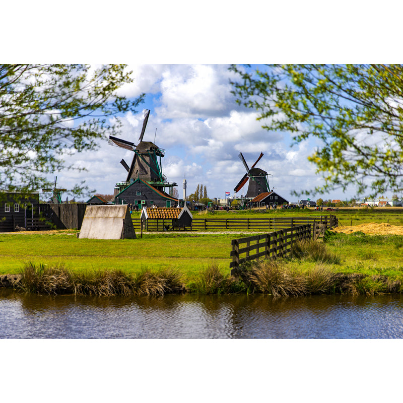 Full Size Photography Modern Mural Wallpaper with Windmill and Grassland in Green